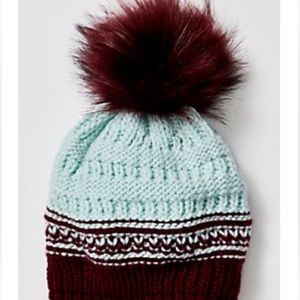 NWT Free People Slope Stripe Pom Beanie Mint & Merlot